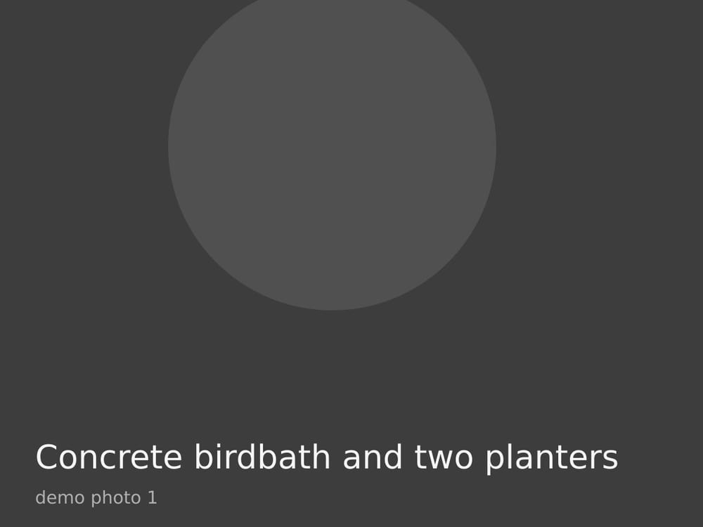 Concrete birdbath and two planters