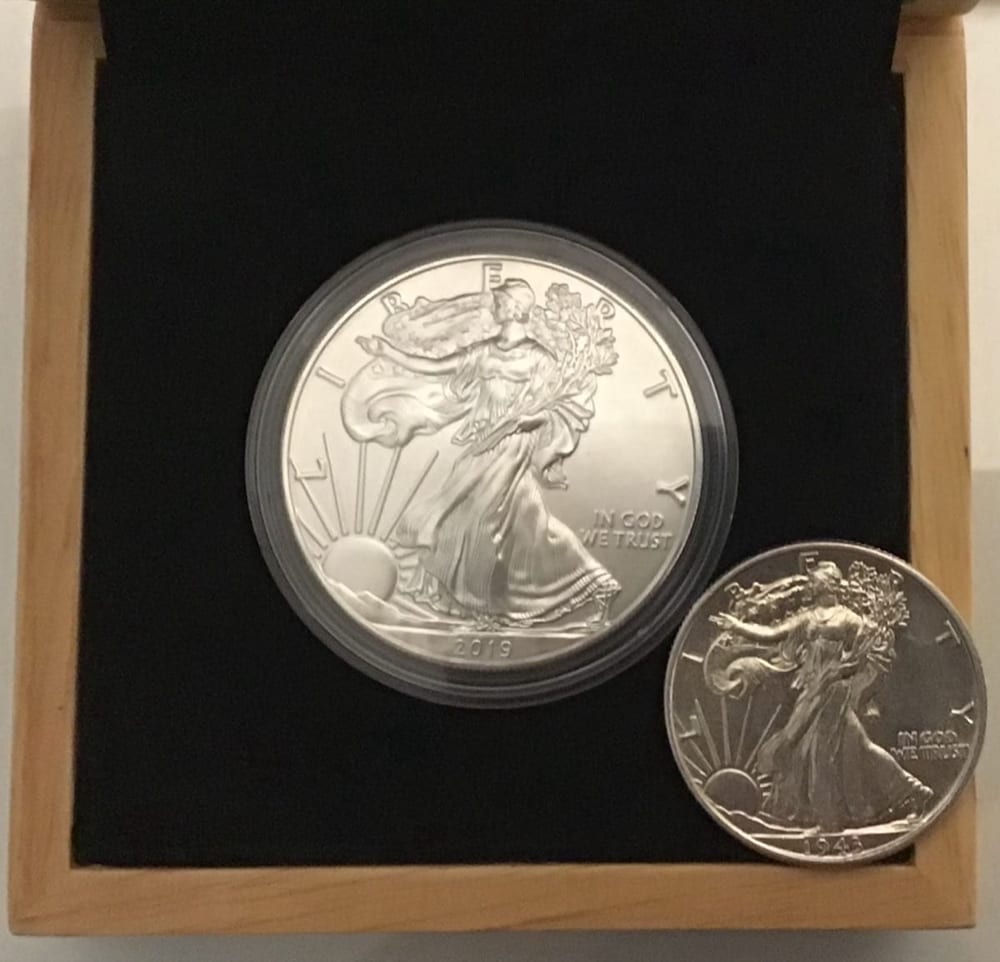 1943 Walking Liberty half dollar with a 2019 Silver Eagle